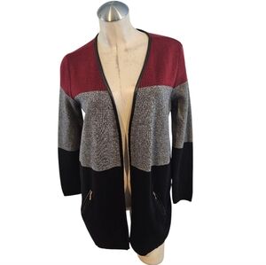 Charter Club Size PM Burgundy Gray and Black Open Cardigan Colorblock